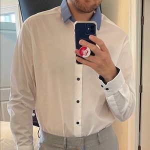 White with blue collar button up